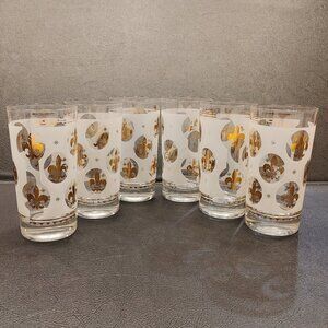 6 Fleur-de-lis Frosted Gold rimmed highball glasses - 1950's